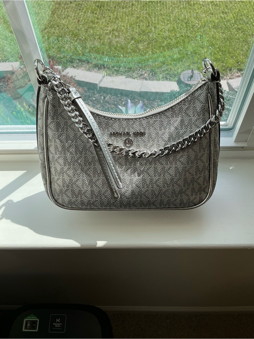 Michael Kors Jet Set Charm Metallic Silver Signature Logo Chain Shoulder Bag
